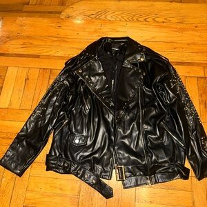 Studded Faux Leather Moto Jacket - Black